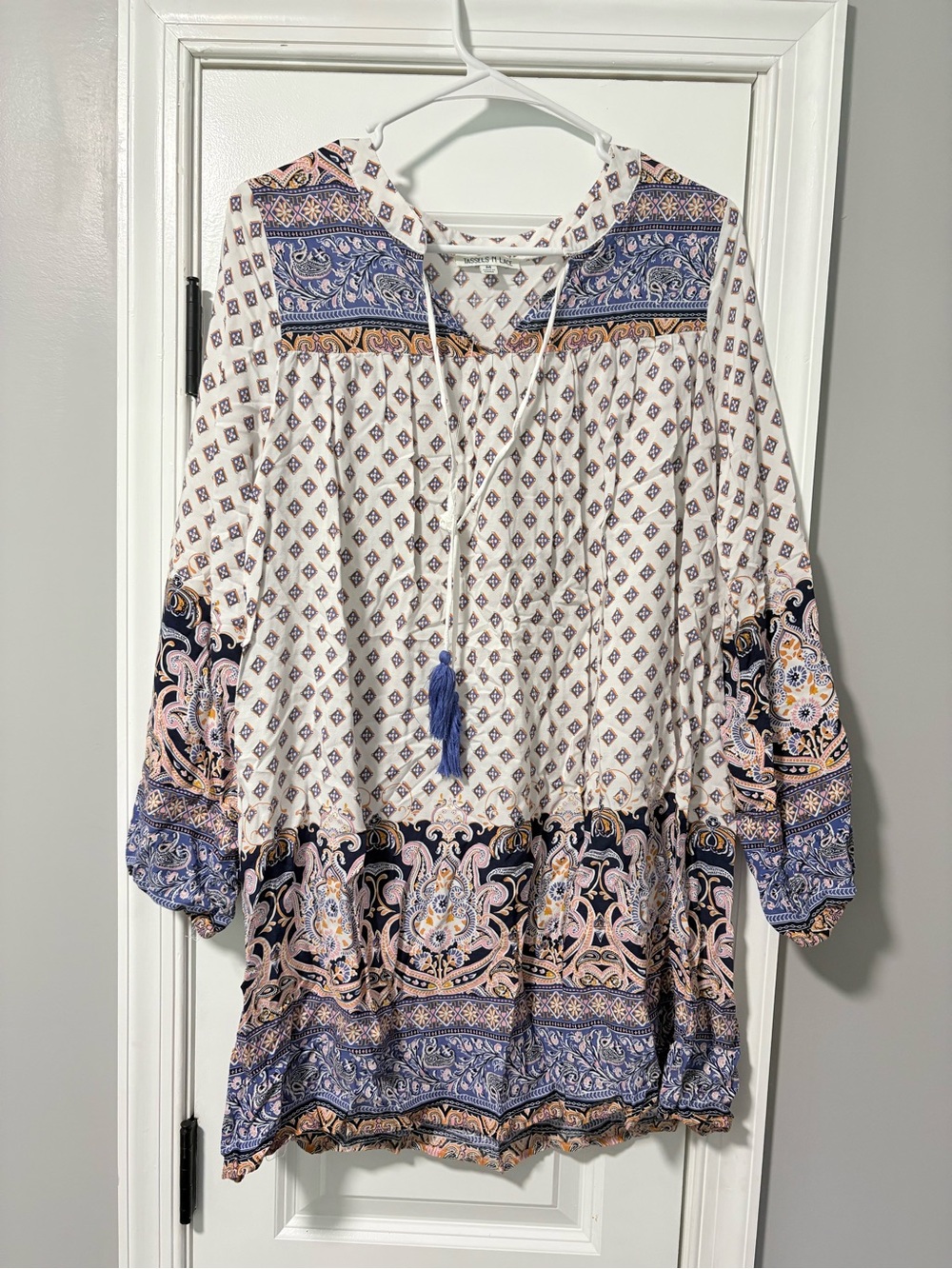 Bohemian Tassel Tie-Front Tunic in White with Blue and Pink Accents